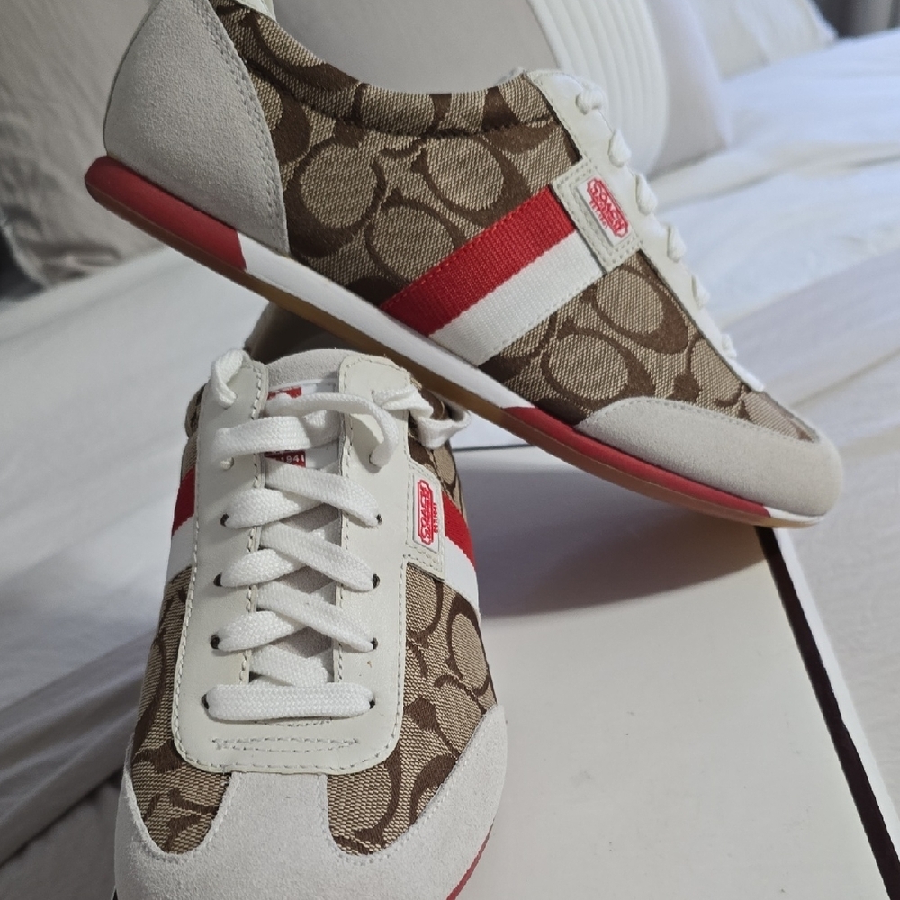 Coach Beige and Red Monogram Sneakers - Picture 3 of 5